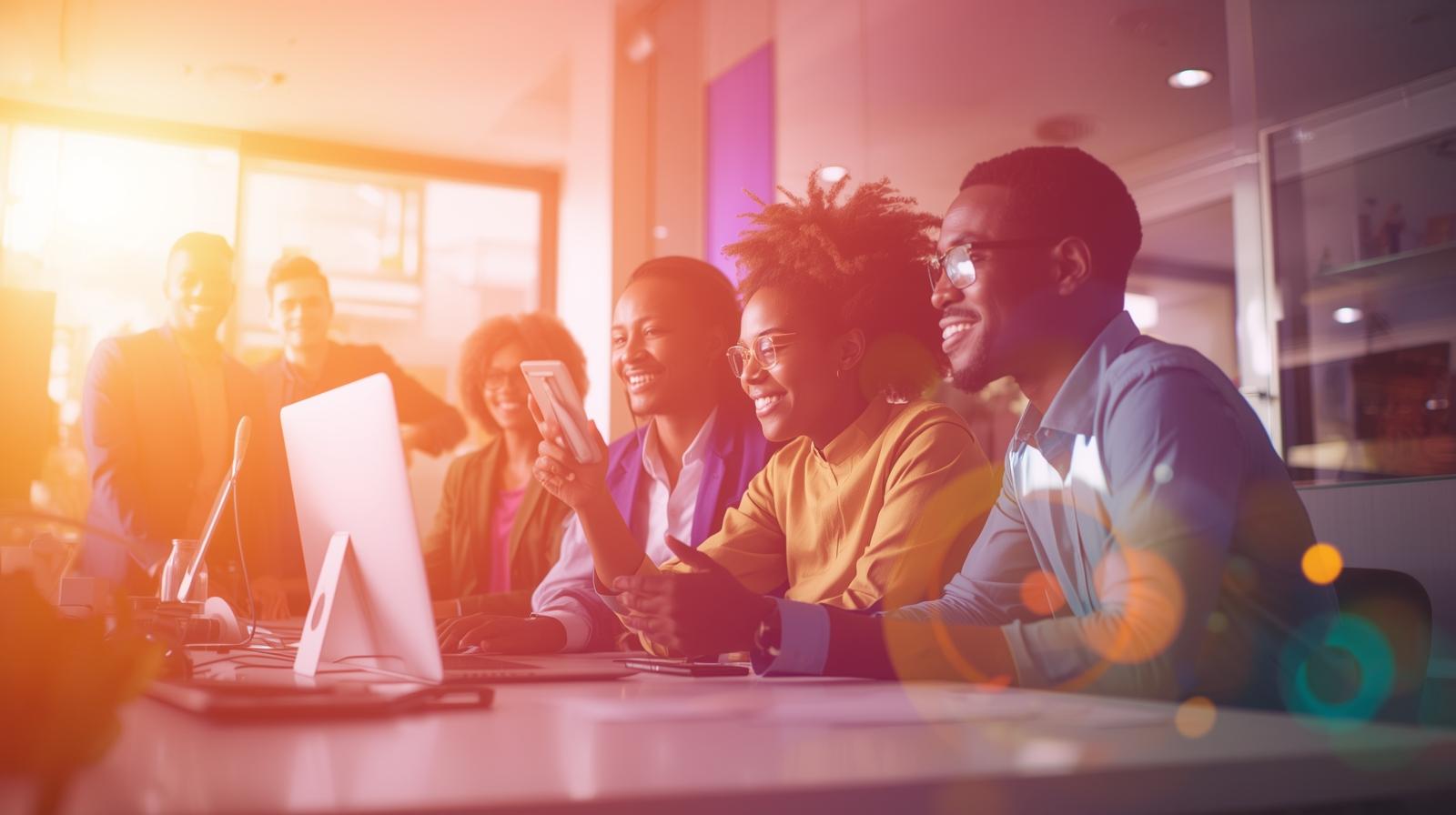 Generate this image using the description to match beautifully Visual Suggestion Background hero image of a creative digital workspace or successful Ghanaian business team with overlay gradient. (5)