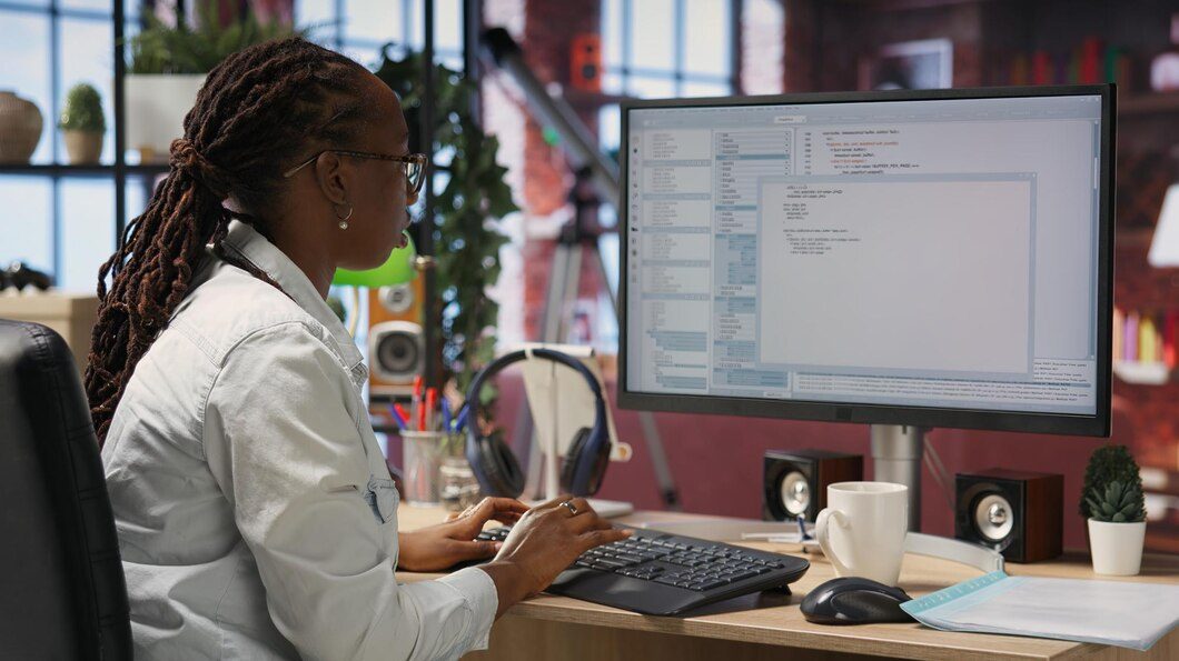 Close up person using coding application write test code 482257