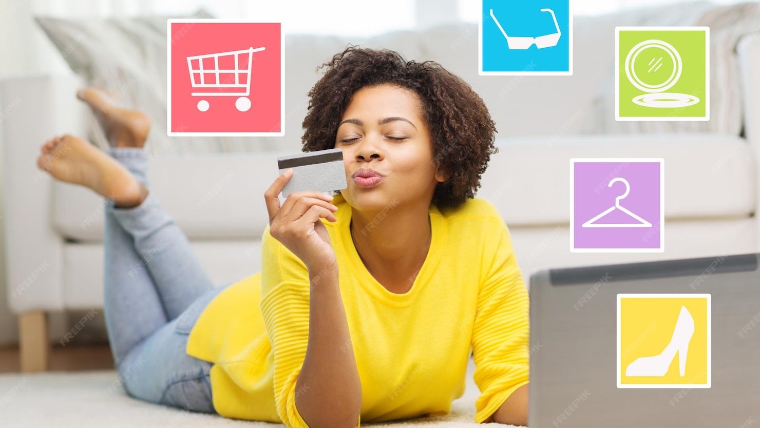People internet bank online shopping technology e money concept happy african american young woman lying floor with laptop computer credit card home internet icons 380164